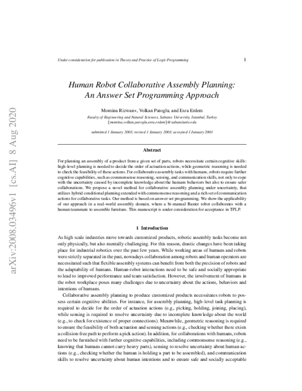 (PDF) Human Robot Collaborative Assembly Planning: An Answer Set ...