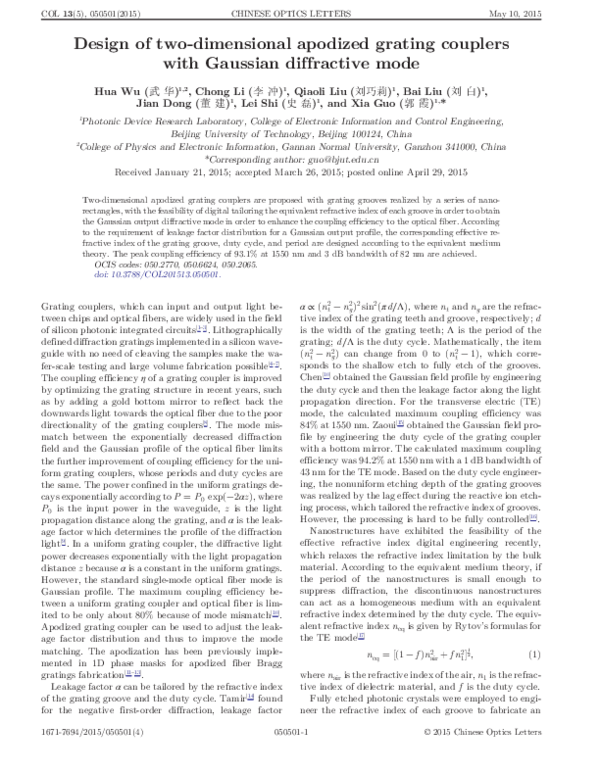 (PDF) Design of two-dimensional apodized grating couplers with Gaussian ...
