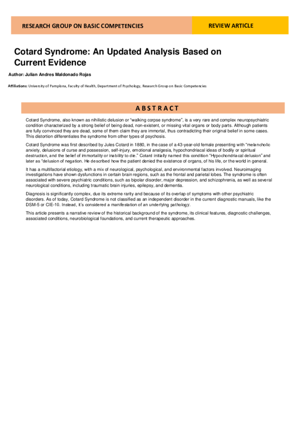 (PDF) Cotard Syndrome: An Updated Analysis Based on Current Evidence