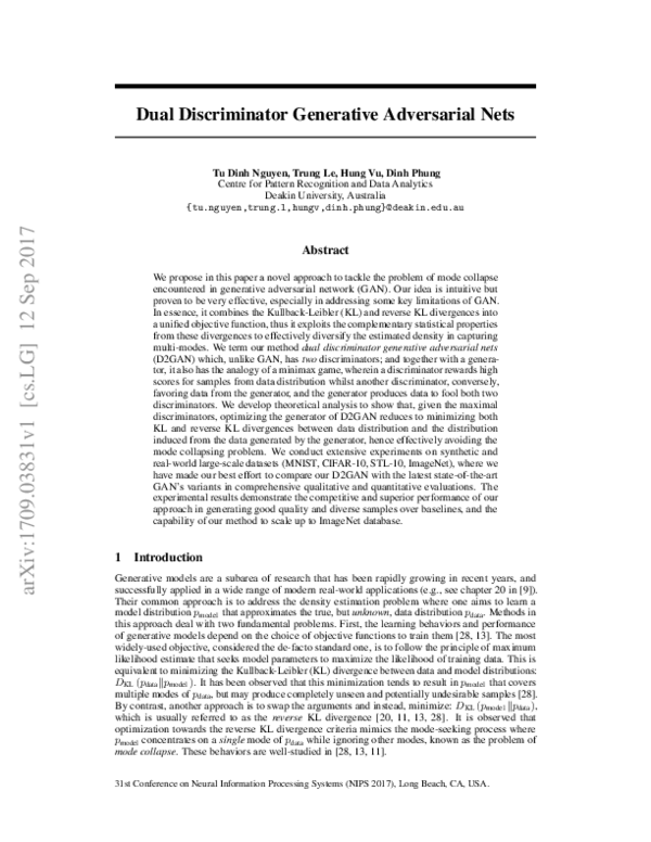(PDF) Dual Discriminator Generative Adversarial Nets