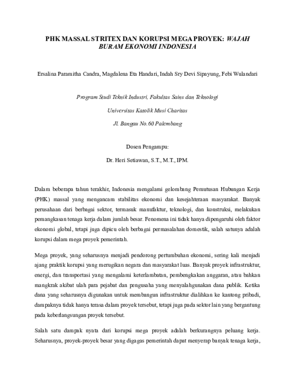 (PDF) PHK MASSAL STRITEX DAN KORUPSI MEGA PROYEK: WAJAH BURAM EKONOMI ...