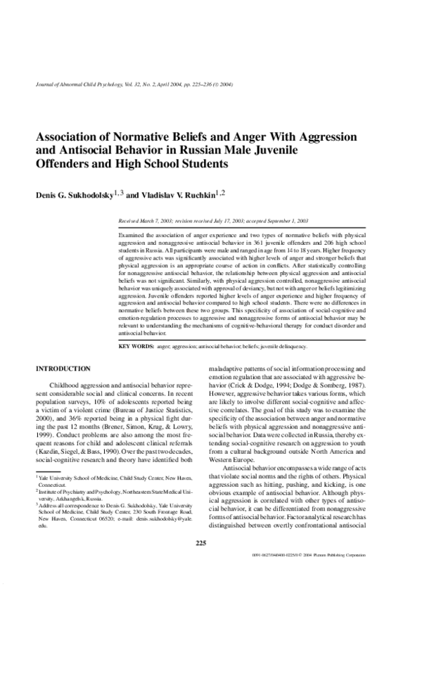 (PDF) Association of Normative Beliefs and Anger with Aggression and ...