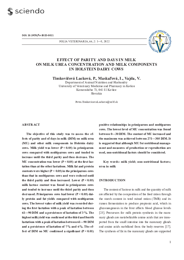 (PDF) Effect of Parity and Days in Milk on Milk Urea Concentration and ...