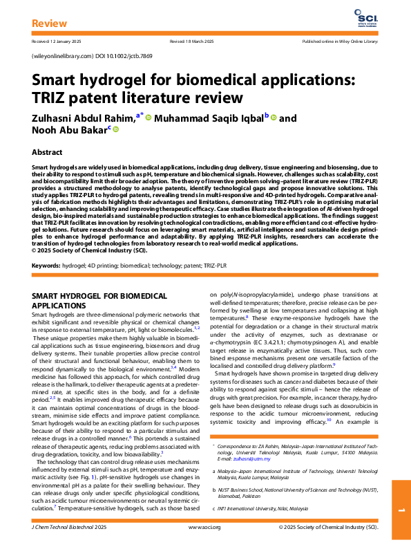 (PDF) Smart hydrogel for biomedical applications: TRIZ patent ...