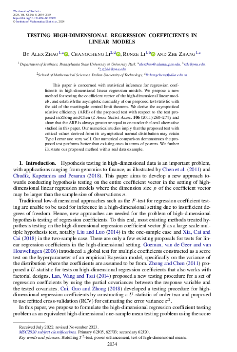 (PDF) Testing high-dimensional regression coefficients in linear models