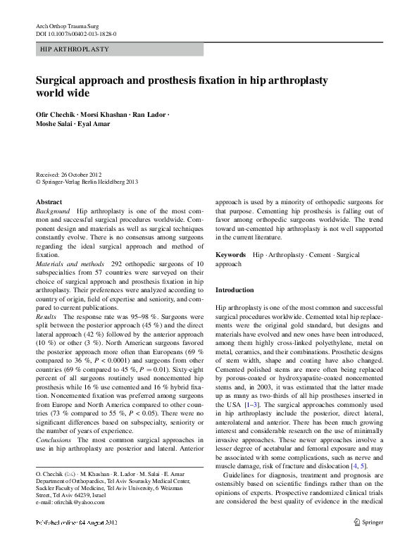 (PDF) Surgical approach and prosthesis fixation in hip arthroplasty ...