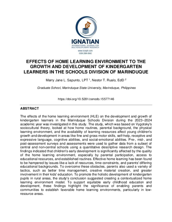(PDF) EFFECTS OF HOME LEARNING ENVIRONMENT TO THE GROWTH AND ...
