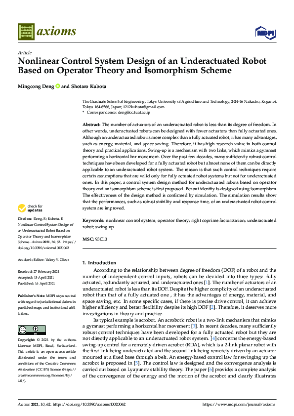 (PDF) Nonlinear Control System Design of an Underactuated Robot Based ...