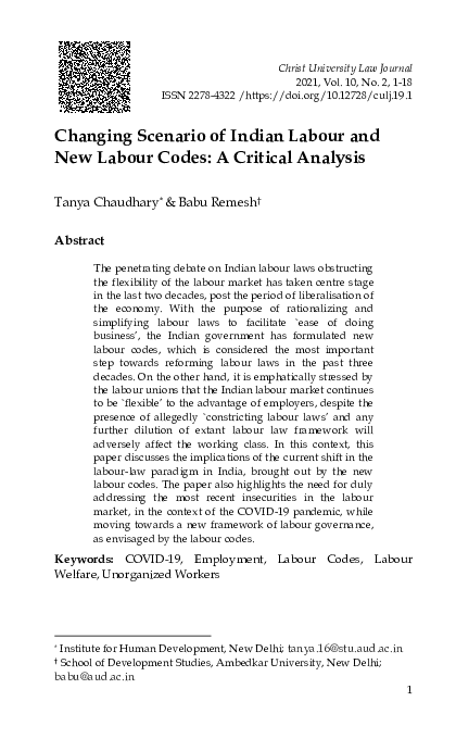 (PDF) Changing Scenario of Indian Labour and New Labour Codes: A ...