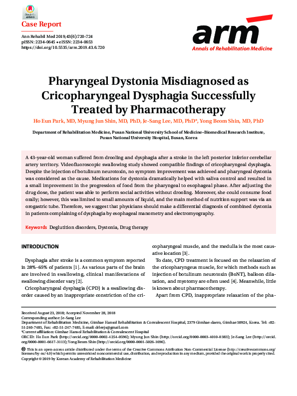 (PDF) Pharyngeal Dystonia Misdiagnosed as Cricopharyngeal Dysphagia ...