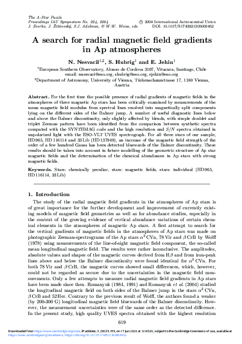 (PDF) A search for radial magnetic field gradients in Ap atmospheres