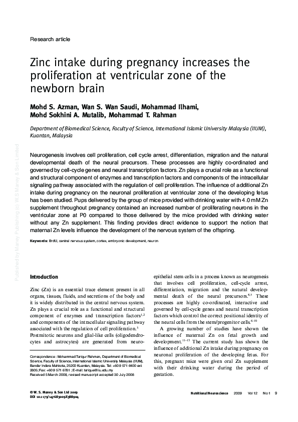 (PDF) Zinc intake during pregnancy increases the proliferation at ...