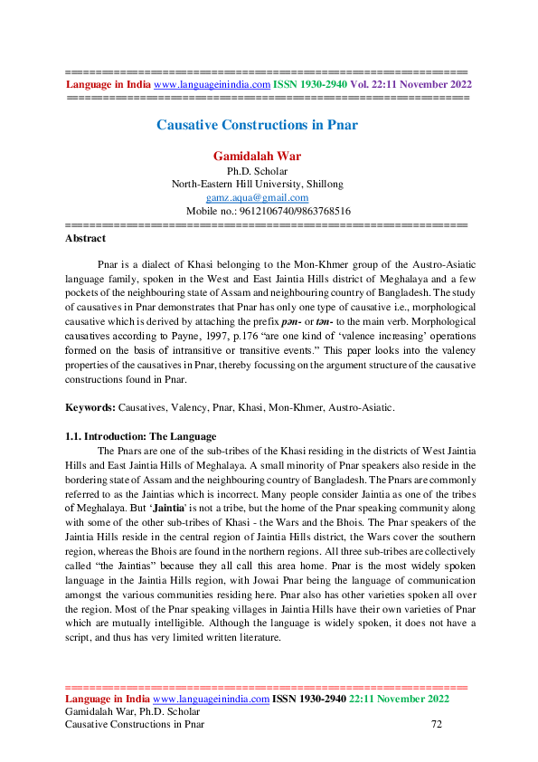 (PDF) Causative Constructions in Pnar