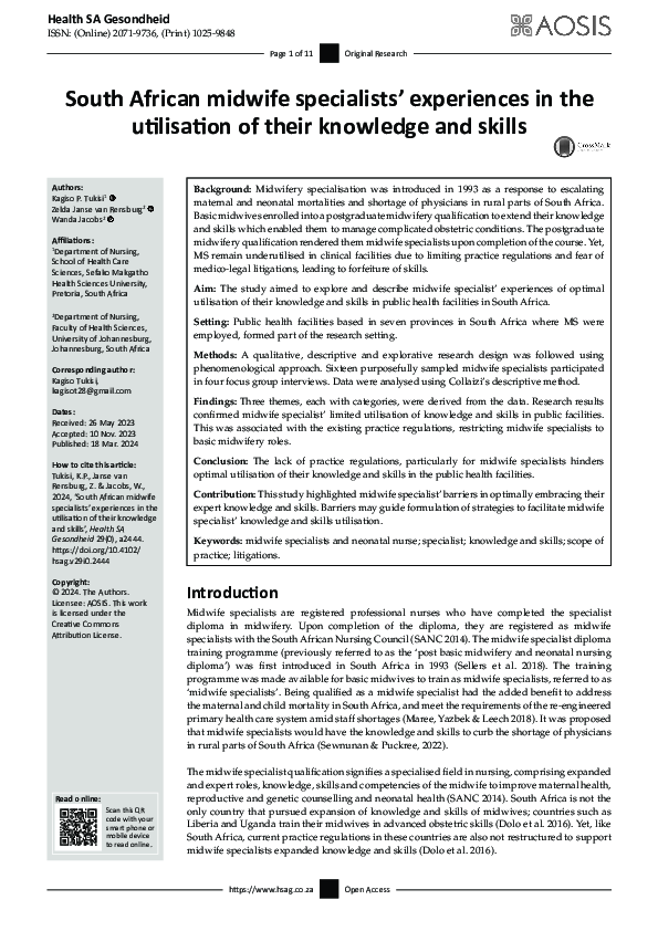 (PDF) South African midwife specialists’ experiences in the utilisation ...
