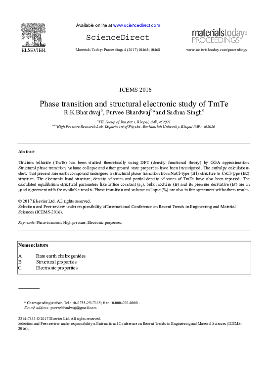 (PDF) Phase transition and structural electronic study of TmTe