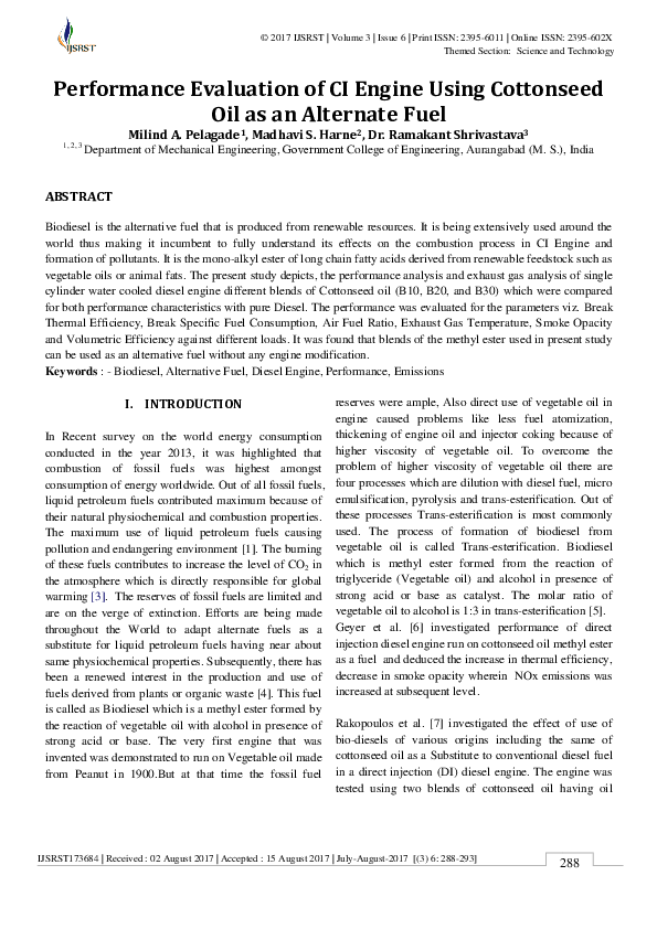 (PDF) Performance Evaluation of CI Engine Using Cottonseed Oil as an ...