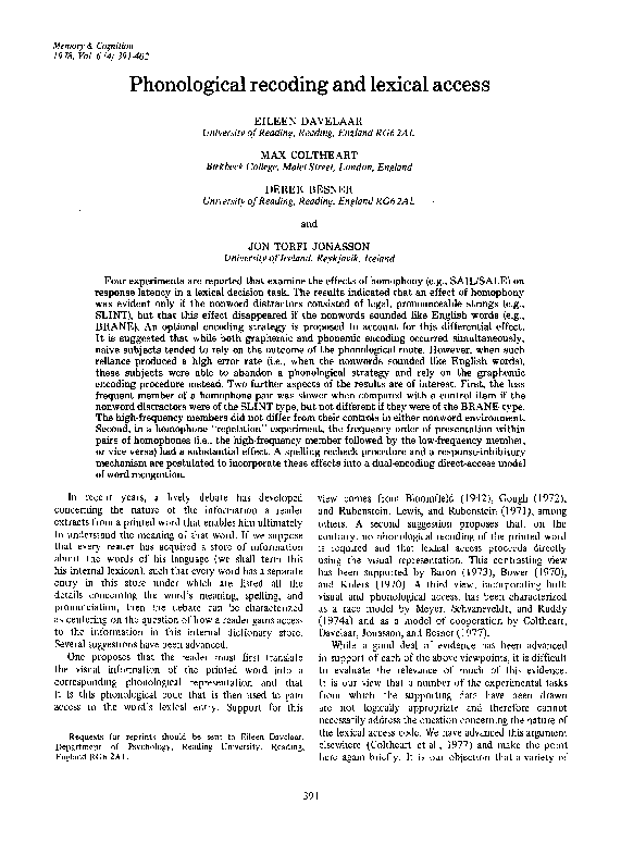 (PDF) Phonological recoding and lexical access
