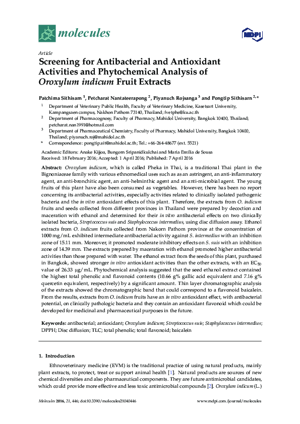 (PDF) Screening for Antibacterial and Antioxidant Activities and ...