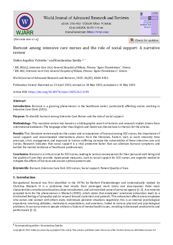 (PDF) Burnout among intensive care nurses and the role of social ...