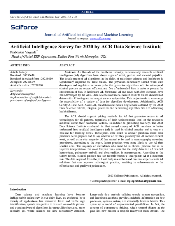 (PDF) Artificial Intelligence Survey for 2020 by ACR Data Science Institute
