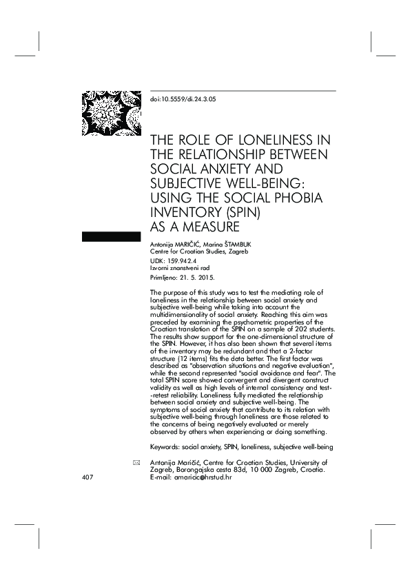 (PDF) The Role of Loneliness in the Relationship Between Social Anxiety ...