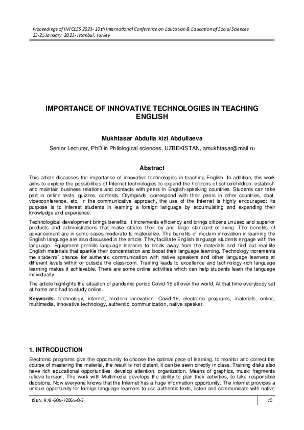 (PDF) Importance of Innovative Technologies in Teaching English