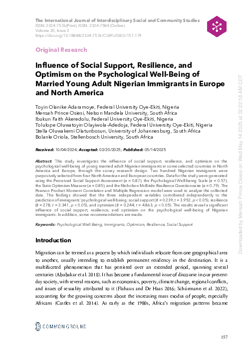 (PDF) Influence of Social Support, Resilience, and Optimism on the ...
