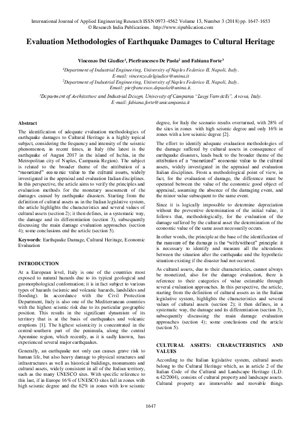 (PDF) Evaluation Methodologies of Earthquake Damages to Cultural Heritage