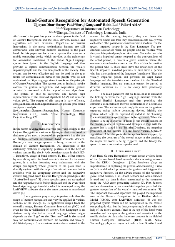 (PDF) Hand-Gesture Recognition for Automated Speech Generation