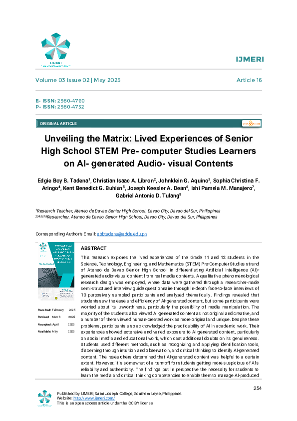 (PDF) Unveiling the Matrix: Lived Experiences of Senior High School ...