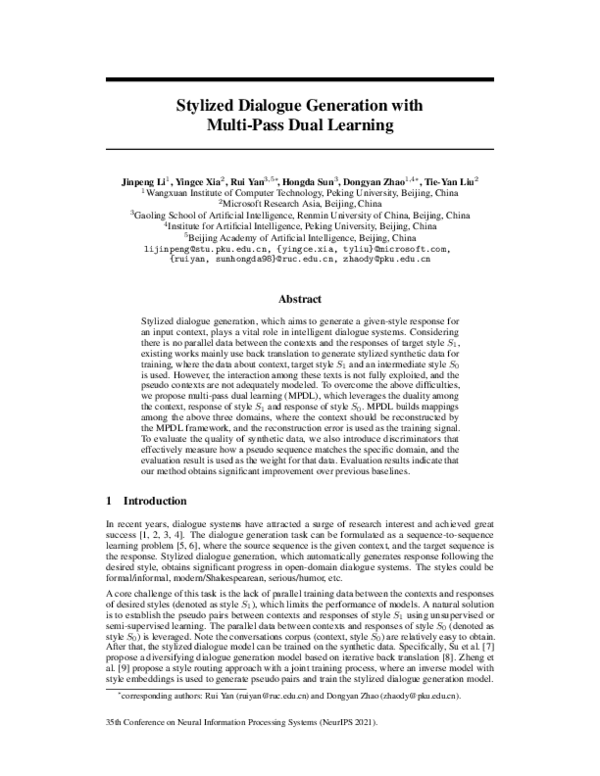 (PDF) Stylized Dialogue Generation with Multi-Pass Dual Learning