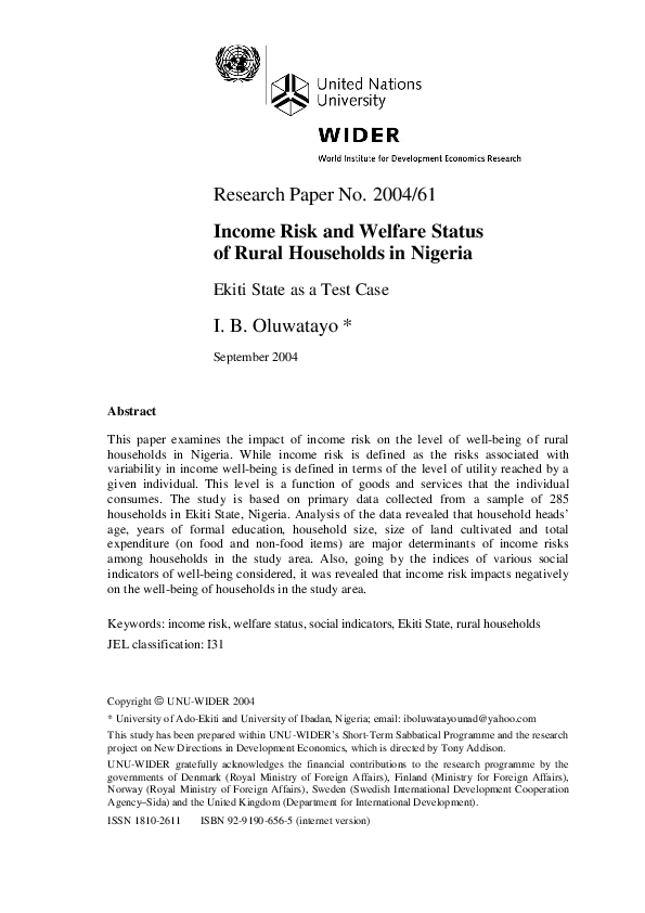 (PDF) Income Risk and Welfare Status of Rural Households in Nigeria