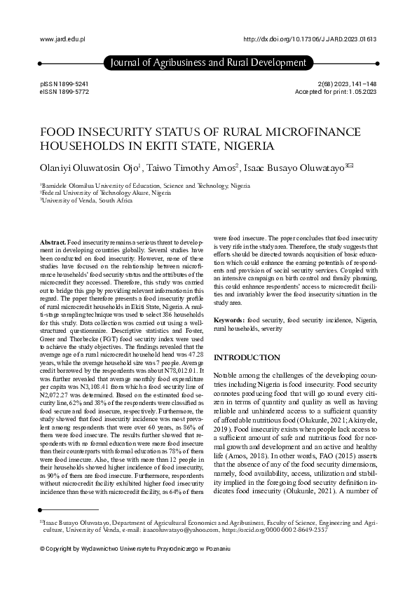(PDF) Food insecurity status of rural microfinance households in Ekiti ...