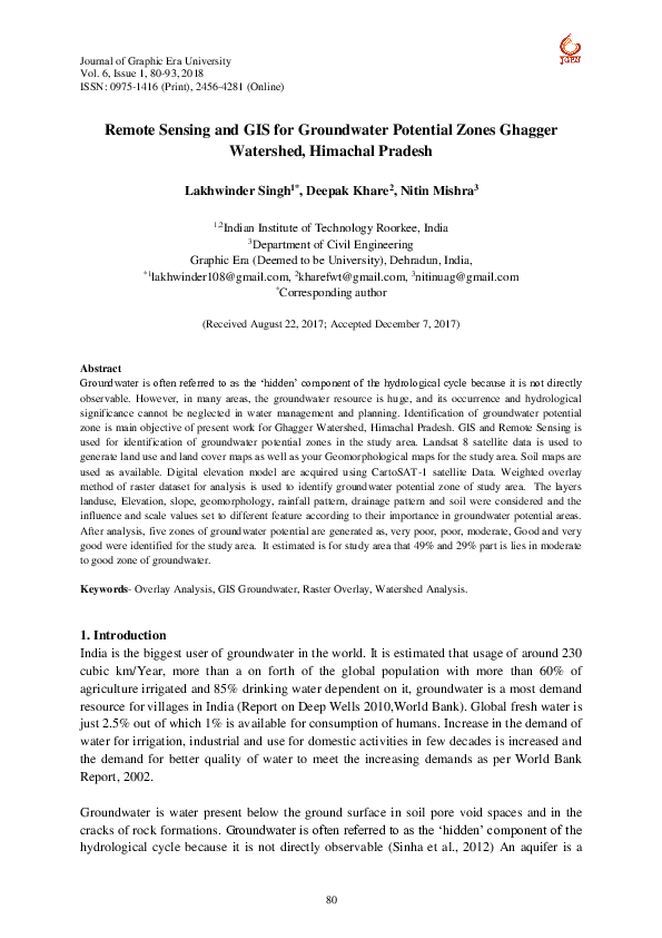 (PDF) Remote Sensing and GIS for Groundwater Potential Zones Ghagger ...
