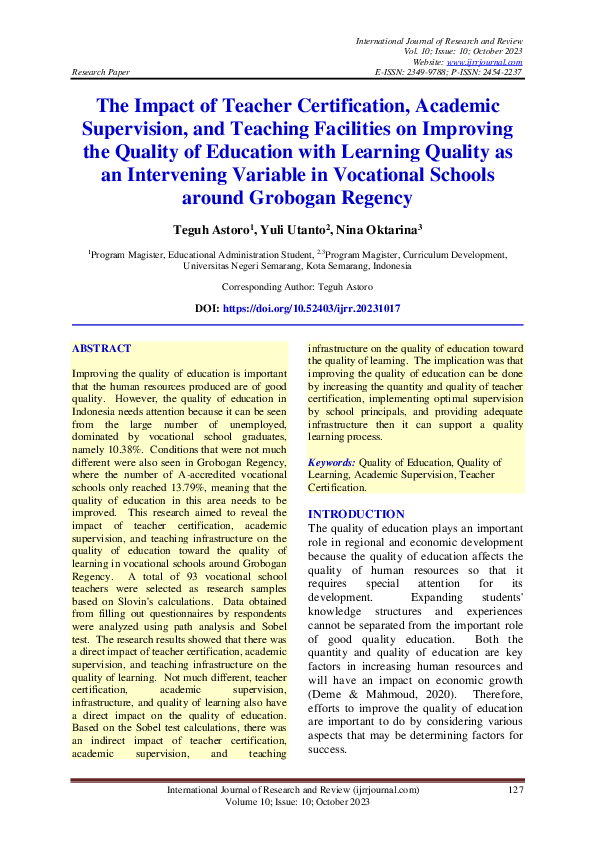 (PDF) The Impact of Teacher Certification, Academic Supervision, and ...