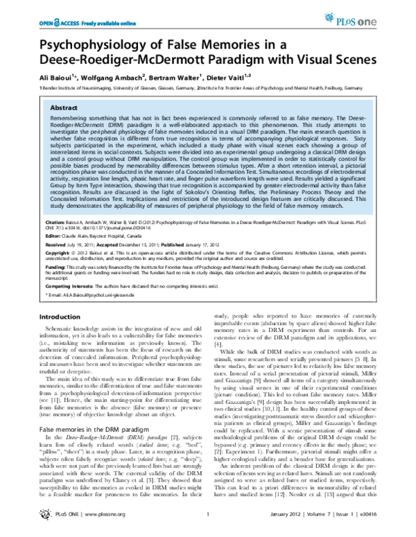 (PDF) Psychophysiology of False Memories in a Deese-Roediger-McDermott ...