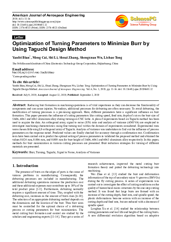 (PDF) Optimization of Cutting Parameters in Rough Turning using Taguchi ...