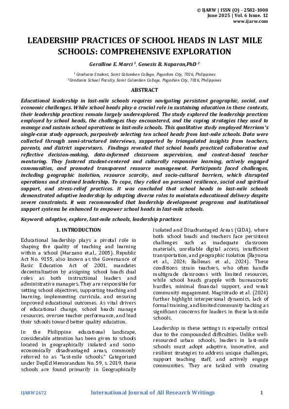 (PDF) LEADERSHIP PRACTICES OF SCHOOL HEADS IN LAST MILE SCHOOLS ...