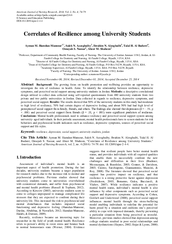(PDF) Correlates of Resilience Among University Students