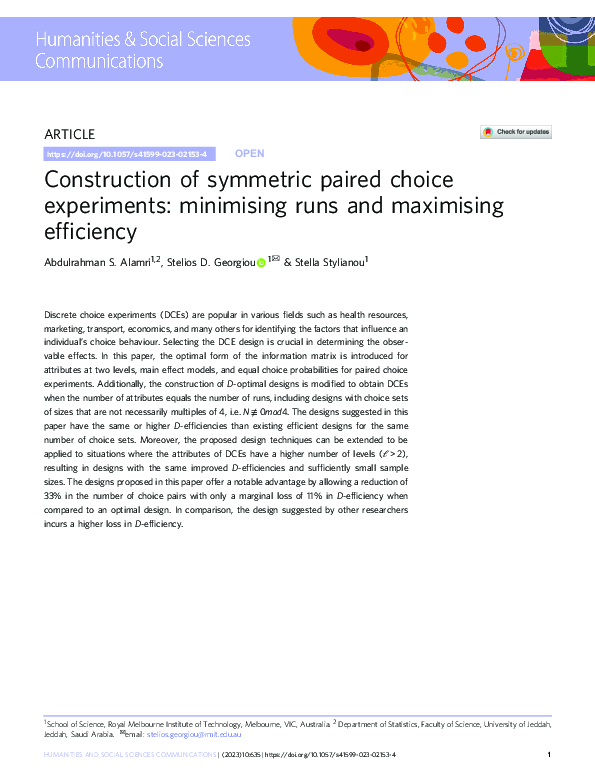 (PDF) Construction of symmetric paired choice experiments: minimising ...