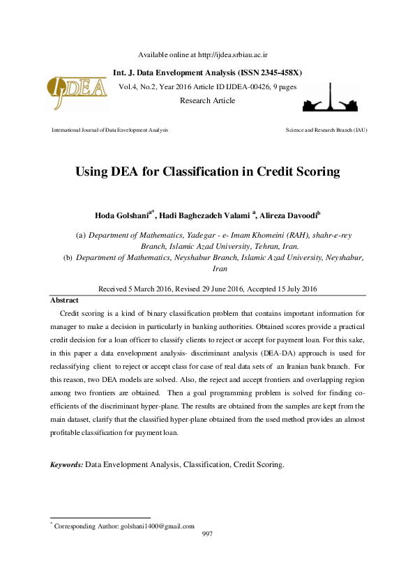 (PDF) Using DEA for Classification in Credit Scoring