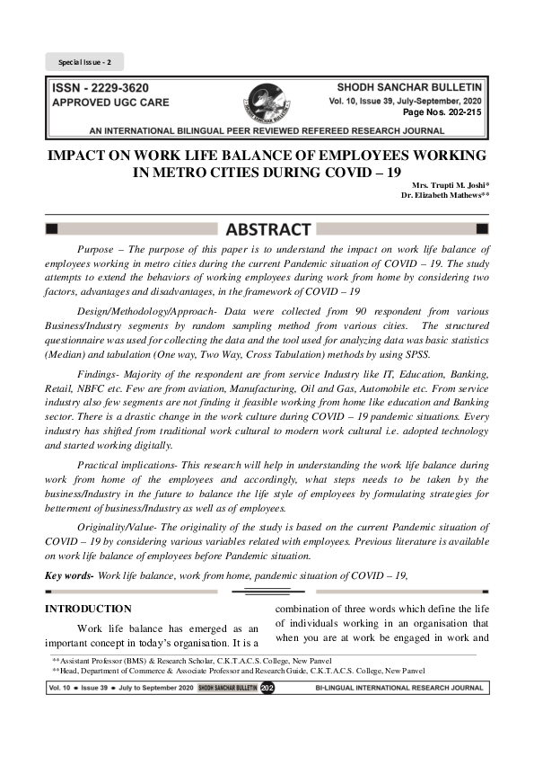 (PDF) IMPACT ON WORK LIFE BALANCE OF EMPLOYEES WORKING IN METRO CITIES ...