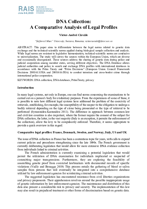 (PDF) DNA Collection: A Comparative Analysis of Legal Profiles