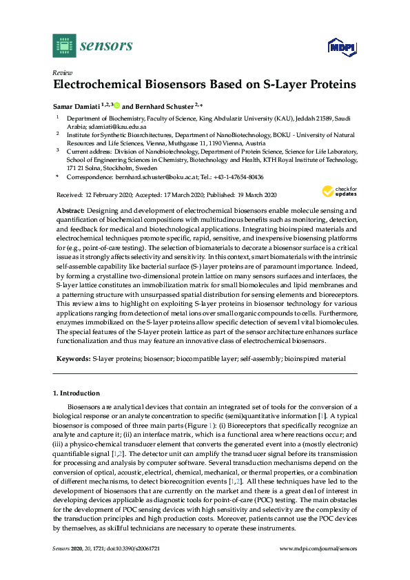 (PDF) Electrochemical Biosensors Based on S-Layer Proteins