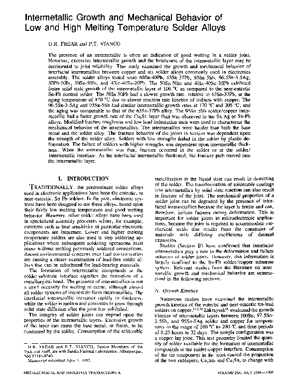 Low Melting Point Solder For High Precision Assembly Reference: Pdf Intermetallic Growth And Mechanical Behavior Of Low And High