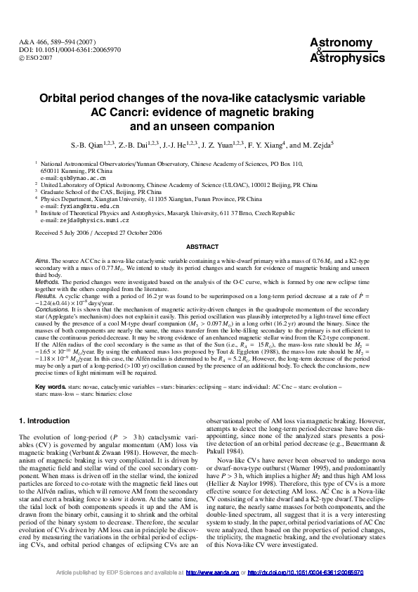 (PDF) Orbital period changes of the nova-like cataclysmic variable AC ...