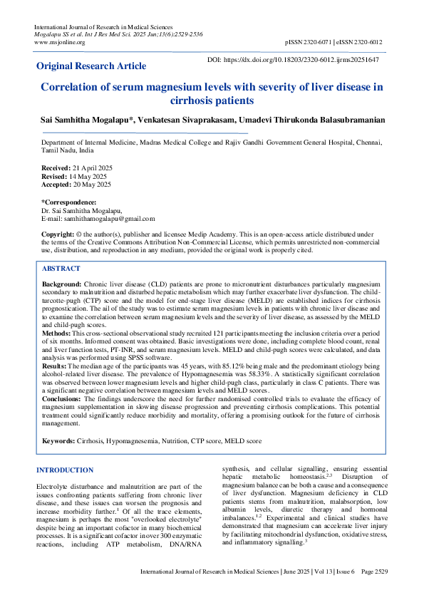 (PDF) Correlation of serum magnesium levels with severity of liver ...