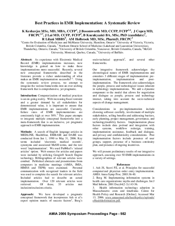 (PDF) Best practices in EMR implementation: a systematic review