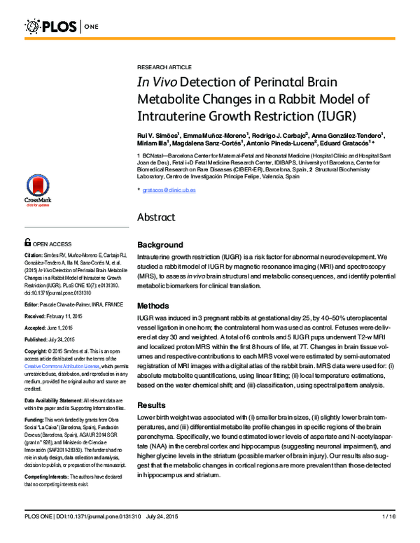 (PDF) In Vivo Detection of Perinatal Brain Metabolite Changes in a ...