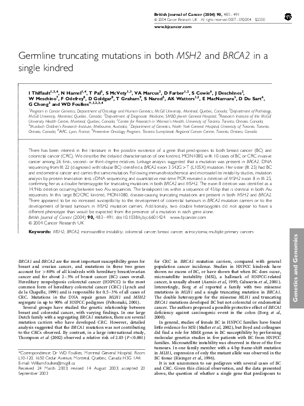 (PDF) Germline truncating mutations in both MSH2 and BRCA2 in a single ...